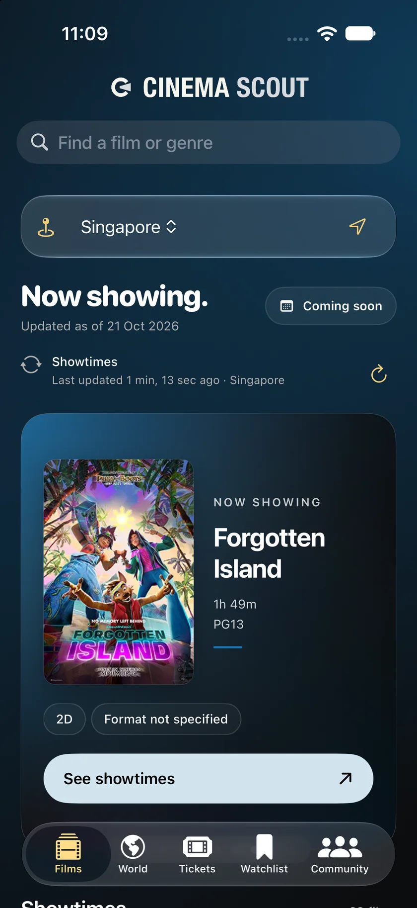 Cinema Scout’s iPhone home screen with film posters, location selection and showtime browsing