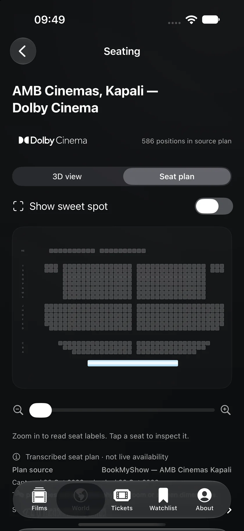 The iPhone app’s theatre seating reference with a stage screen and labelled seating rows